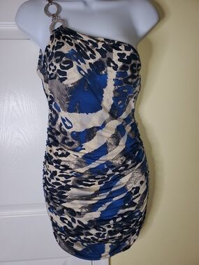 Misope One-Shoulder Ring-Detail Ruched Animal Print Mini Dress in Navy and Cream